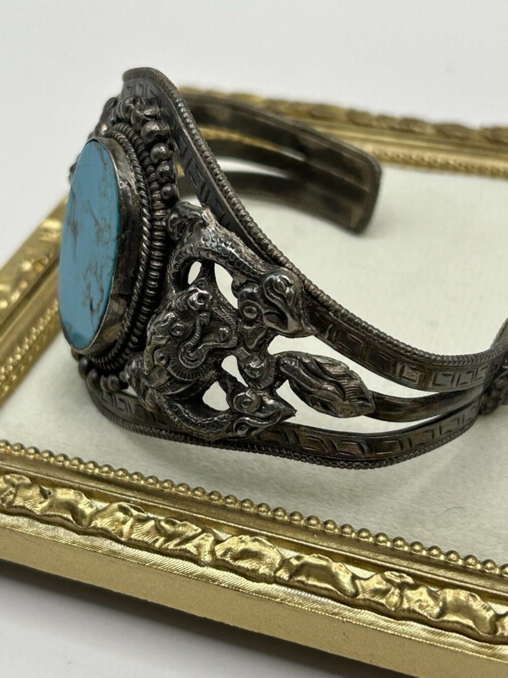 VTG Chinese Sterling Silver Dragon Turquoise Cuff Bracelet Western Blue Asian - Picture 7 of 16